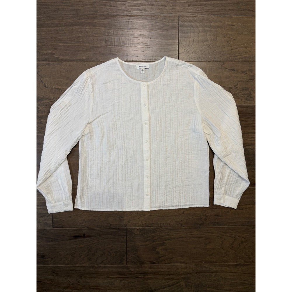 Nordstrom‎ White Textured Crinkle Button Front Blouse Long Sleeve Medium M